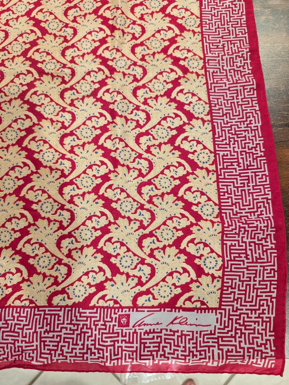 Vintage 80's Anne Klein Red and Cream Floral Border Silk Square Scarf ,Lion Logo
